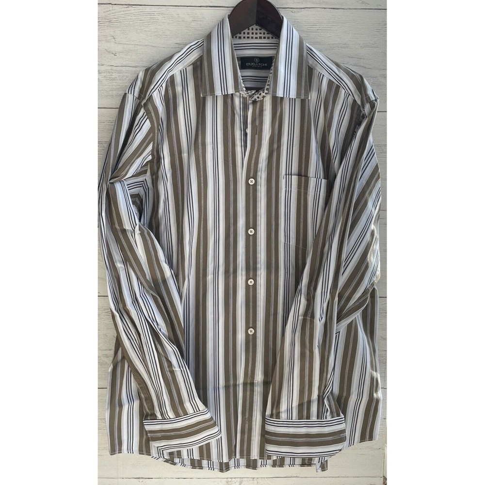 Bugatchi Shirt Mens Large Brown Tan Striped Button Up Cotton Long Sleeve Adult